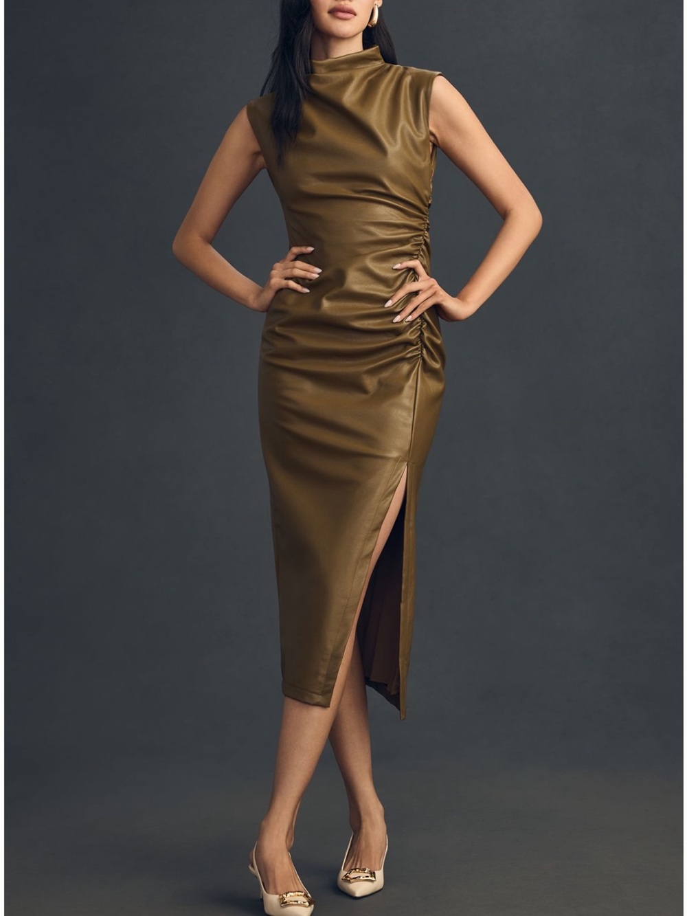 Anthropologie Olive Satin Midi Dress with Side Ruching and Slit